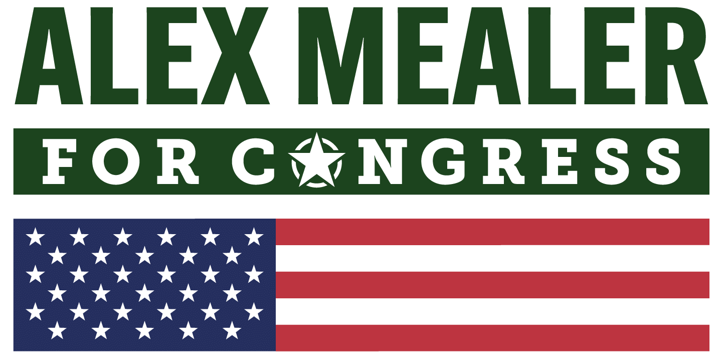 ALEX MEALER FOR CONGRESS logo above a stylized American flag with white stars on navy and red stripes